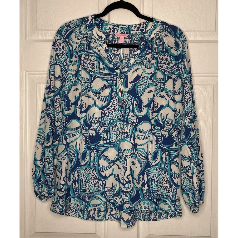 Lilly Pulitzer Womens S Elsa Silk Keep on Trunkin Blue Elephant Print Blouse
